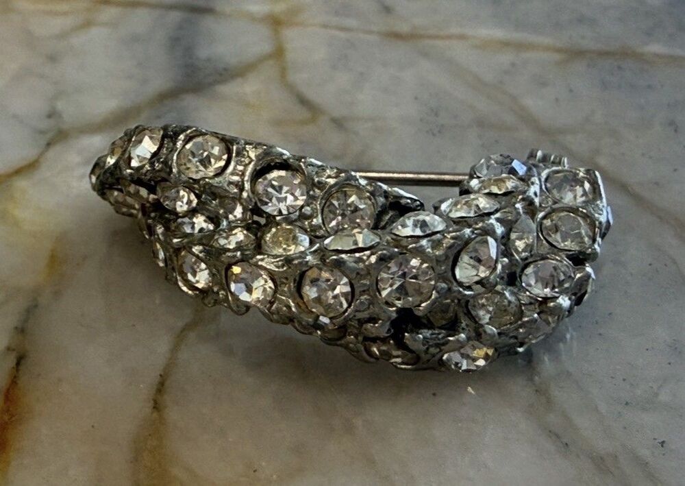 Vintage 1940s Style Clear Rhinestone Crescent Moon‎ Pin Brooch Retro Statement
